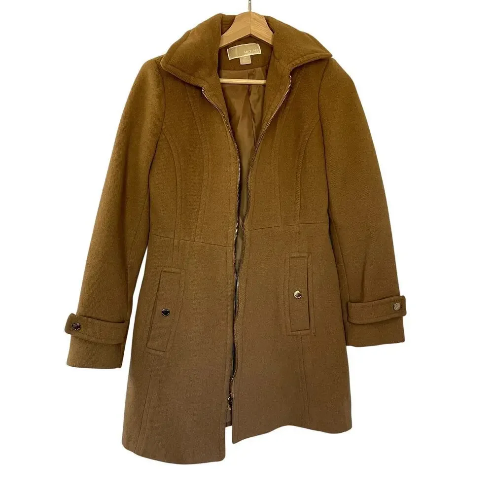 Michael Kors brown peacoat jacket warm wool winter pockets full zip women's XS